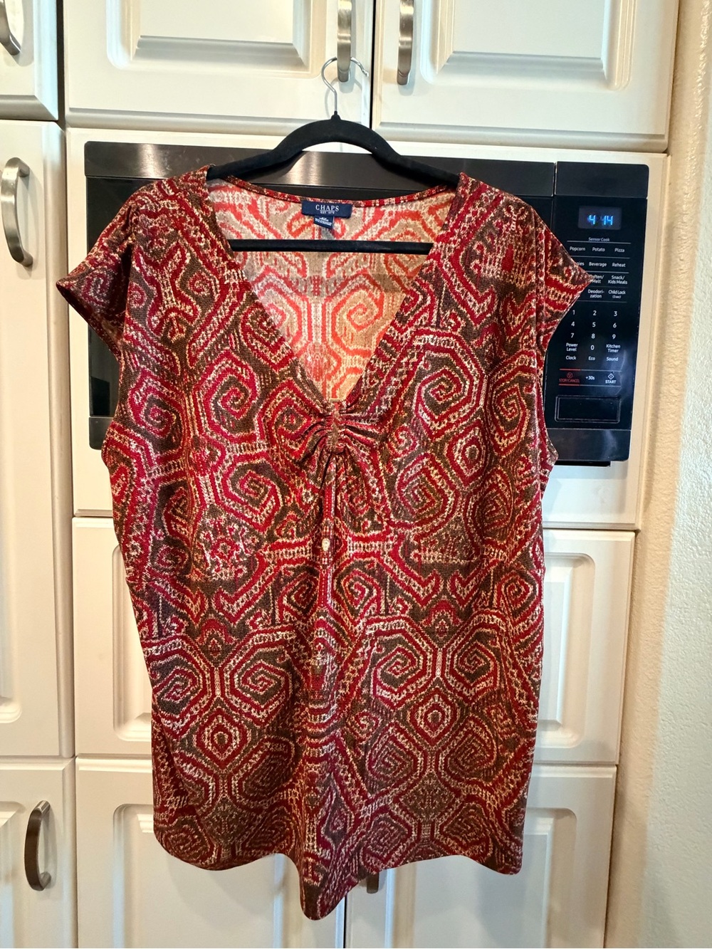 Chaps Red and Tan Geometric Tie-Front Short Sleeve Blouse